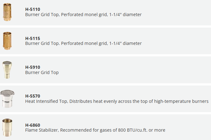 H-5110 Burner Grid Top, Perforated monel grid, 1-1/4" diameter		 QTY Burner Grid Top. Perforated monel grid, 1-1/4" diameter	H-5115 Burner Grid Top. Perforated monel grid, 1-1/4" diameter		 QTY Burner Grid Top	H-5910 Burner Grid Top		 QTY Heat Intensified Top, Distributes heat evenly across the top of high-temperature burners	H-5570 Heat Intensified Top, Distributes heat evenly across the top of high-temperature burners		 QTY Flame Stabilizer, Recommended for gases of 800 BTU/cu.ft. or more	H-6860 Flame Stabilizer, Recommended for gases of 800 BTU/cu.ft. or more		 QTY